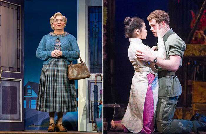 Mrs Doubtfire at the Stephen Sondheim Theatre, New York (2021) and Miss Saigon at the Prince Edward Theatre, London (2014). Photo: Joan Marcus/Tristram Kenton