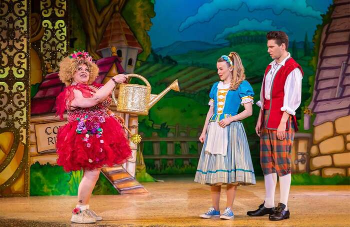 Keala Settle, Cara Dudgeon and Alex Lodge in Jack and the Beanstalk at Royal and Derngate, Northampton. Photo: Pamela Raith