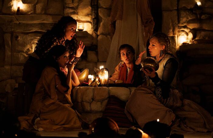 Houda Echouafni, Roann Hassani McCloskey, Nadi Kemp-Sayfi and Laura Hanna in Hakawatis: Women of the Arabian Nights at the Sam Wanamaker Playhouse, London. Photo: Ellie Kurttz