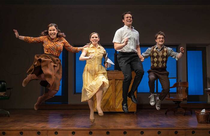 Lindsay Mendez, Katie Rose Clarke, Jonathan Groff and Daniel Radcliffe in Merrily We Roll Along at New York Theatre Workshop, New York. Photo: Joan Marcus