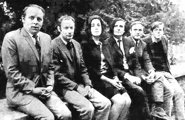 John Bird, Anthony Holland, Eleanor Bron, Barry Humphries, Andrew Duncan and John Wells at the BBC in London for The Late Show, 1966. Photo: The Stage/British Newspaper Archive