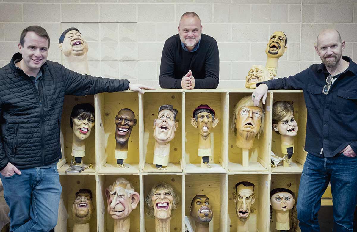 Matt Forde, Al Murray and Sean Foley with a selection of puppets used in Spitting Image