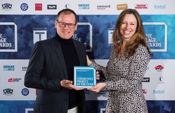 Luca Silvestrini, whose dance company Protein won Community Project of the Year at The Stage Awards 2023, pictured with sponsor Evolution Productions' Emily Wood