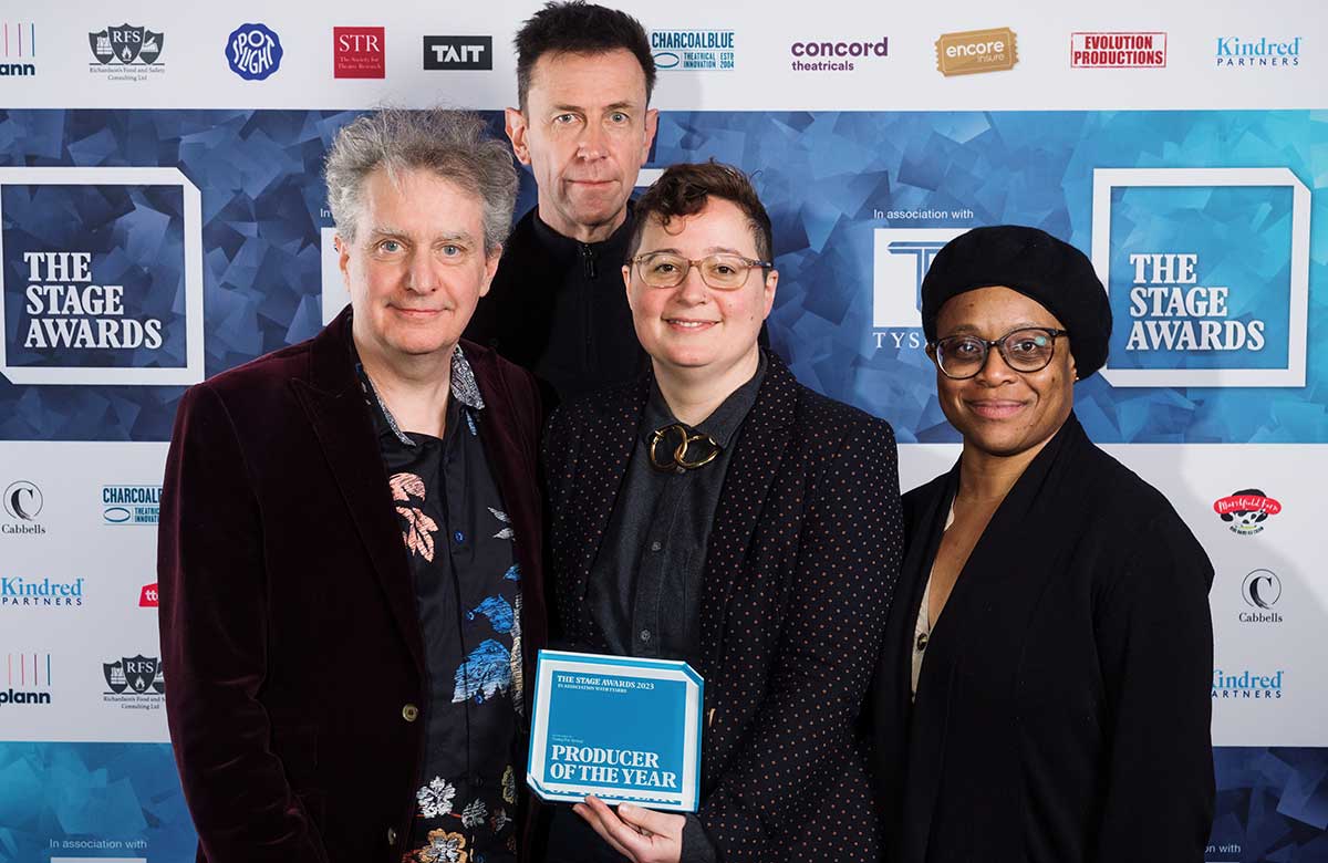 Phelim McDermott, Lee Simpson, Ess Grange and Pauline Mayers from Improbable at The Stage Awards 2023. Photo: Alex Brenner