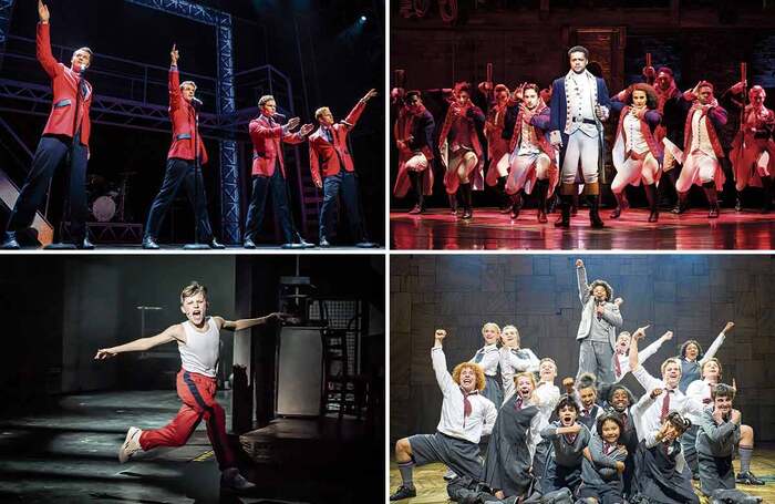 Adam Bailey, Luke Suri, Benjamin Yates and Karl James Wilson in Jersey Boys (Photo: Matt Crockett); Reuben Joseph and  company in Hamilton (Photo: Danny Kaan); Jaden Shentall-Lee  in Billy Elliot (Photo: Marc Brenner); Cast of Matilda (Photo: Manuel Harlan)