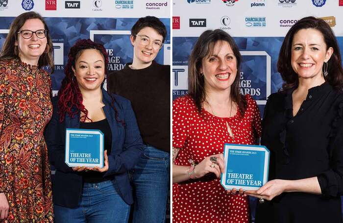 Deidre O'Halloran, Lynette Linton and Lauren Clancy from London's Bush Theatre, and Julie McKegney and Morag Keating from Lyric Theatre Belfast, joint winners of Theatre of the Year Photo: Alex Brenner