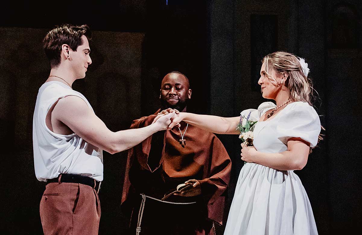 Adam Gillian, Ray Sesay and Emma Dougan in Romeo and Juliet at Lyric Theatre, Belfast. Photo: Carrie Davenport