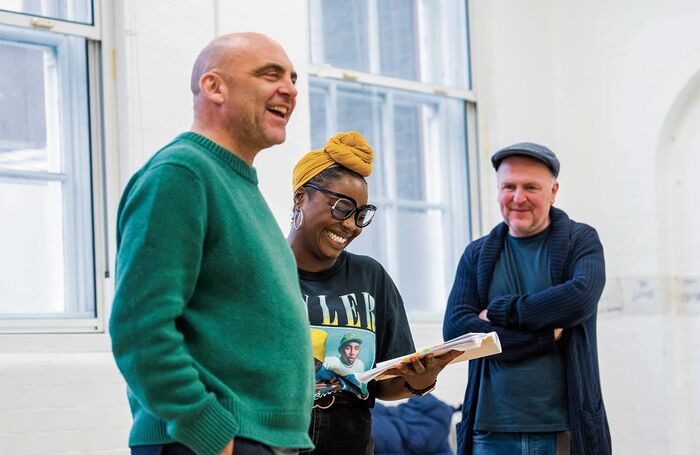 Sean Holmes, Nadine Higgin and Colm Gormley in rehearsal for The Winter's Tale at Shakespeare's Globe, London. Photo: Tristram Kenton