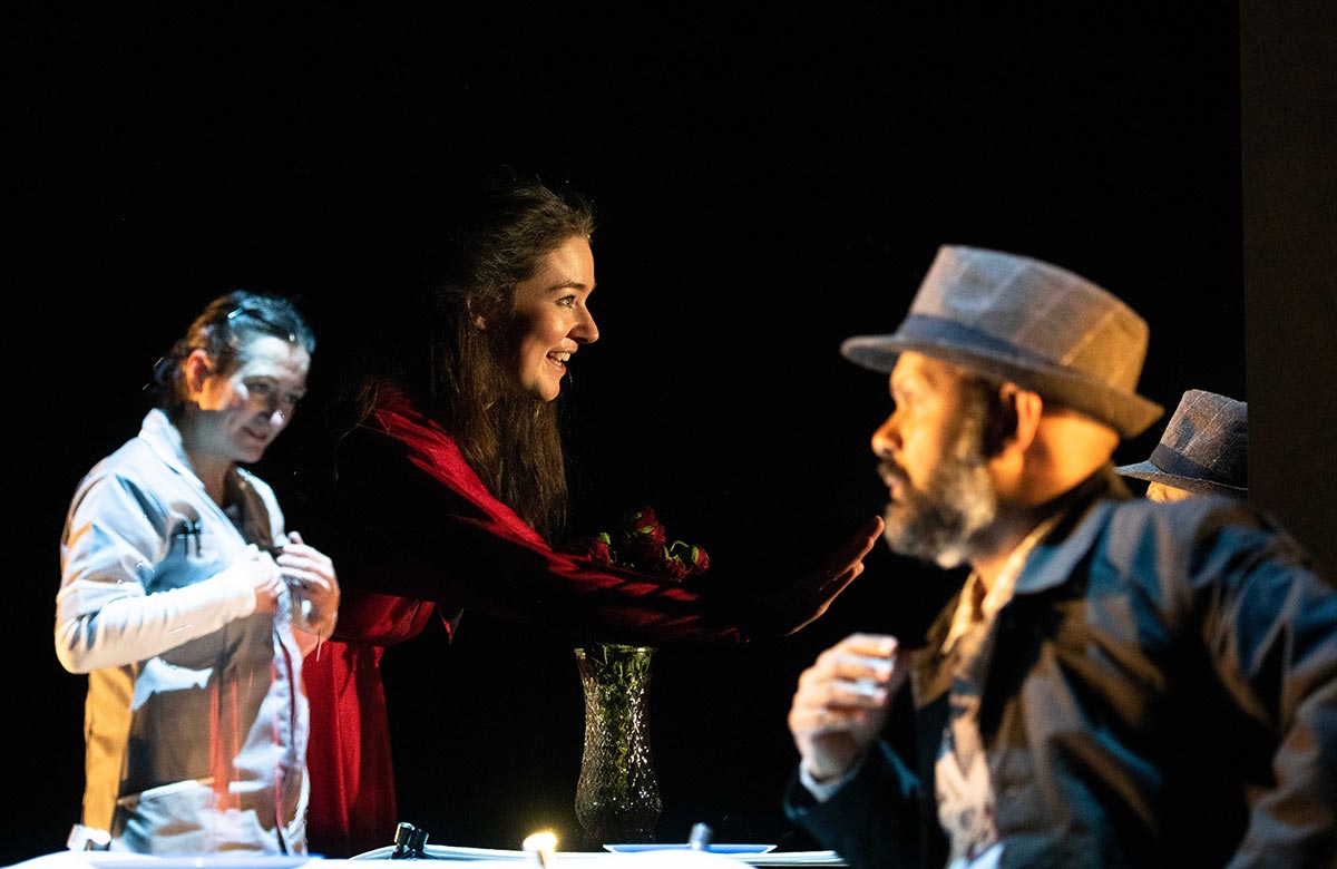 Elicia Daly, Amy Kennedy and Ramesh Meyyapan in Love Beyond (An Act of Remembrance) at Tron Theatre, Glasgow. Photo: Tommy Ga-Ken Wan 