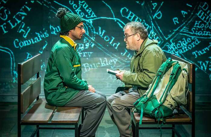 Akshay Sharan and Mark Hadfield in Notes from a Small Island at the Watermill Theatre, Newbury. Photo: Marc Brenner