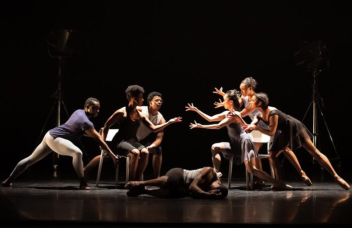 Alexander Fadayiro, Isabela Coracy, Mthuthuzeli November, José Alves, Sayaka Ichikawa, Taraja Hudson and Helga Paris-Morales in Then or Now at the Barbican. Photo: Bill Cooper