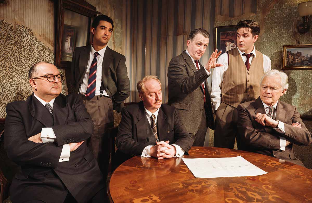 Julius D'Silva, Archie Backhouse, Forbes Masson, Alan Cox, Daniel Boyd, David Yelland in Farm Hall at Jermyn Street Theatre. Photo: Alex Brenner