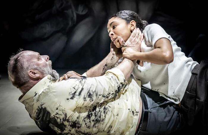 Nigel Barrett and Thalissa Teixeira in Julius Caesar at the Royal Shakespeare Theatre, Stratford-upon-Avon. Photo: Marc Brenner/RSC