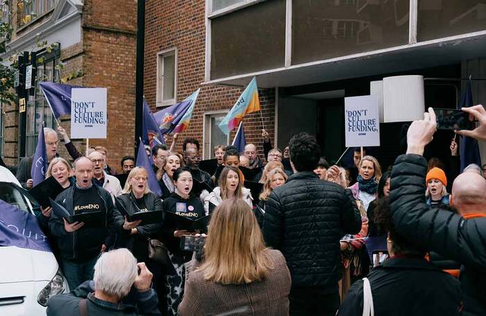 Protesting ENO chorus members in November 2022, singing You’ll Never Walk Alone outside the Arts Council office