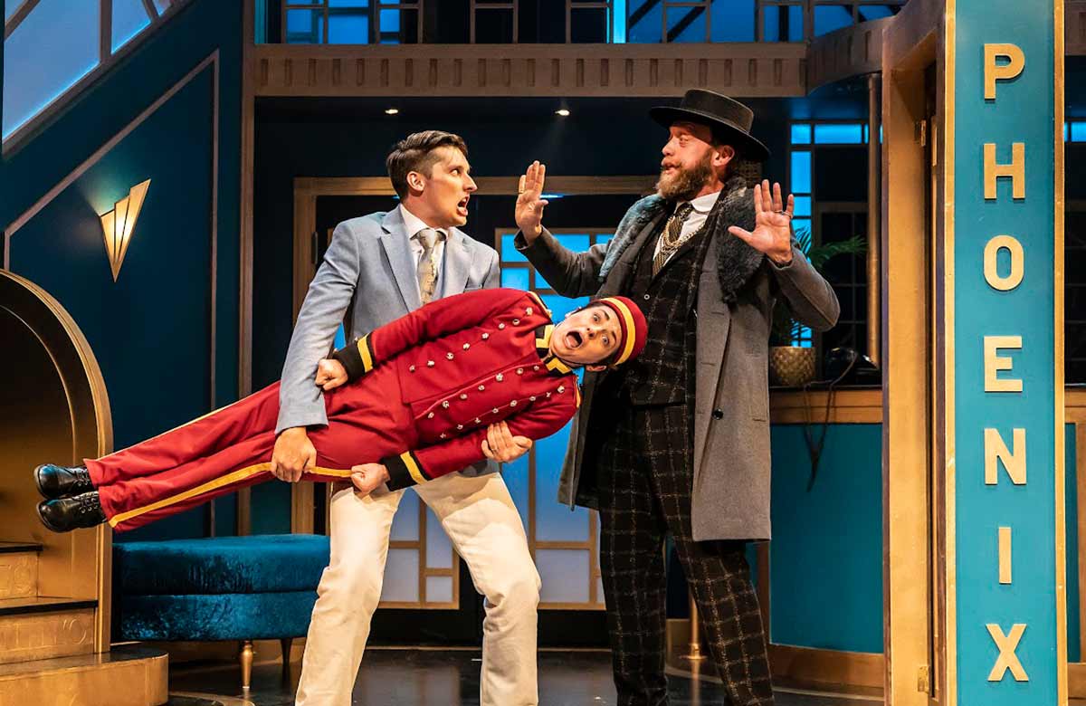 Michael Slader, Nicole Bird and Michael Lambourne in The Comedy of Errors at the Mercury Theatre, Colchester. Photo: Pamela Raith