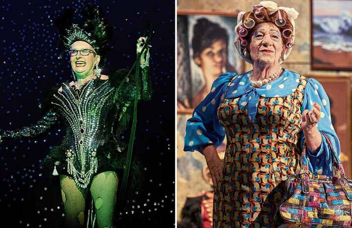 Su Pollard in Dick Whittington at the Wolverhampton Grand in 2019 (left); Ian McKellen in  Mother Goose at the Duke of York’s Theatre, London, in 2022 and 2023 (right). Photo: Manuel Harlan