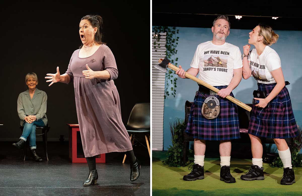 Maureen Carr and Joyce Falconer in The Vagina Monologues at Dundee Rep Theatre and Paul McCole and Madeline Grieve in Welcome to Bannockburn at Oran Mor, Glasgow. Photos: Tommy Ga-Ken Wan/Tim Morozzo