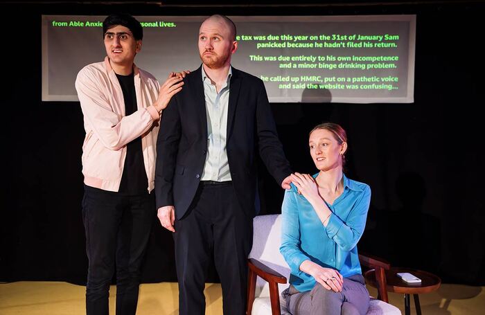 Aarian Mehrabani, Samuel Brewer and Chloe Palmer in It’s A Motherf**king Pleasure at Soho Theatre, London. Photo: Alex Brenner