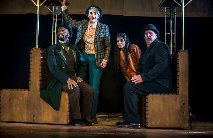 Stefan Adegbola, Miriam O'Brien, Saba Shiraz and Dyfrig Morris in Around the World in 80 Days at Hull Truck Theatre. Photo: Chris Payne
