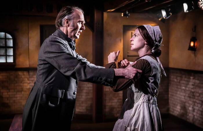 Christopher Naylor and Eleanor Wyld in The Suspicions of Mr Whicher at the Watermill Theatre, Newbury. Photo: Pamela Raith