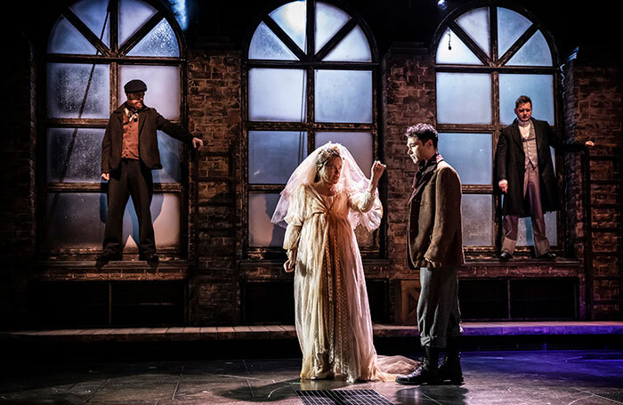 Jim Fish, Emily Pollet, Stanton Wright and Sam Lupton in Great Expectations at Mercury Theatre, Colchester. Photo: Pamela Raith