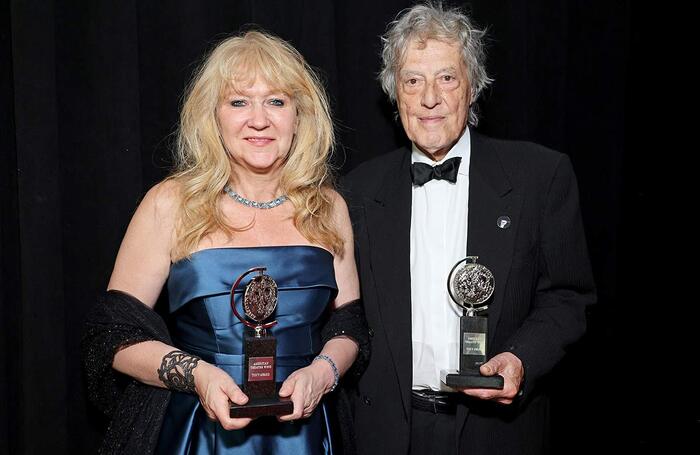 Sonia Friedman and Leopoldstadt author Tom Stoppard with their awards at the Tony Awards at Radio Hotel in New York. Photo: Cindy Ord/Getty Images