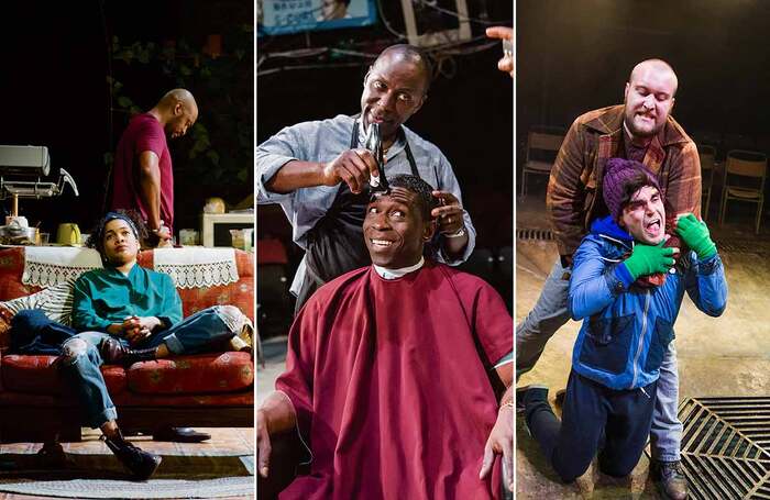 Rebekah Murrell and Oliver Alvin-Wilson in Nine Night (2018); Cyril Nri and Abdul Salis in Barber Shop Chronicles (2017); Sam Swann and Sean Rigby in Pomona (2015). Photos: Helen Murray/Tristram Kenton