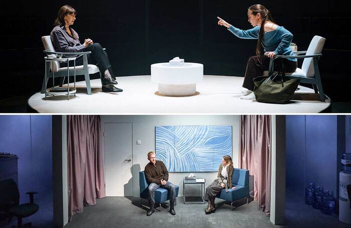 Maureen Beattie and Tara Fitzgerald in Duet for One at the Orange Tree Theatre, London (Photo: Helen Murray) and  Josef Davies and Lizzy Watts in Ravenscourt at Hampstead Theatre, London (2022)