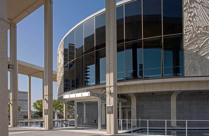 Exterior of the distinctive round Mark Taper Forum, part of the Music Center in Downtown Los Angeles. Photo: Tom Bonner