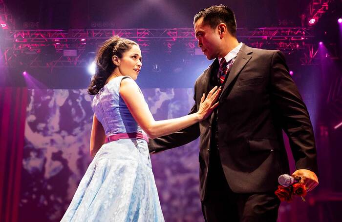 Arielle Jacobs and Jose Llana in Here Lies Love at the Broadway Theatre. Photo: Billy Bustamante, Matthew Murphy and Evan Zimmerman