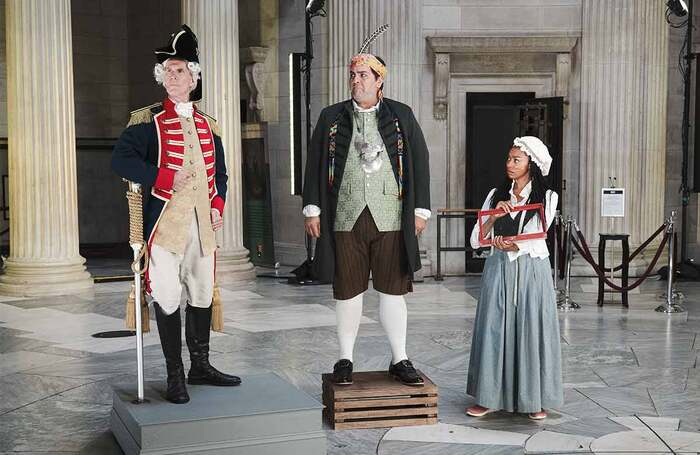 Tom Nelis, Jake Hart and Tatiana Williams in Federal Hall's 2023 production of The Democracy Project. Photo: Marcus Middleton