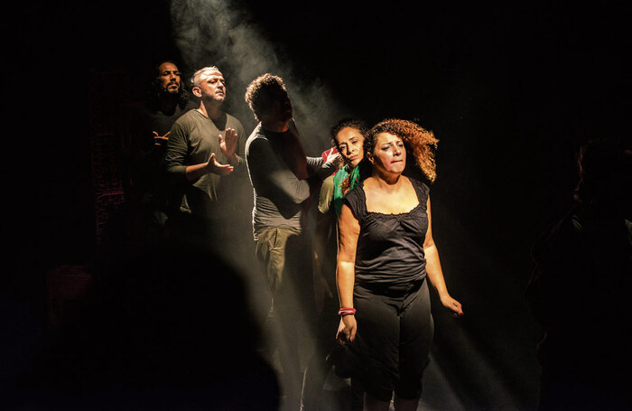 Cast members during a performance of Trouf: Scenes from 75* Years at Theatro Technis, London. Photo: Bayrem Ben M’rad