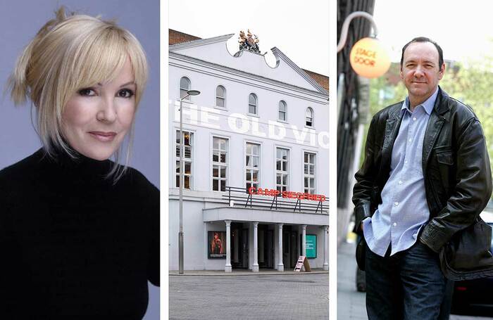 Sally Greene, left, former chief executive of London's Old Vic, centre (photo: Shutterstock), and its former artistic director Kevin Spacey, right, pictured during his tenure there (photo: Tristram Kenton)