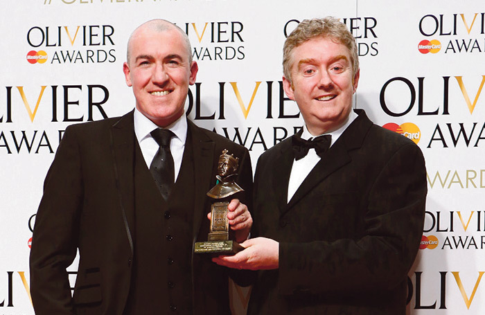 Fishamble’s Jim Culleton (right, with Pat Kinevane) collects the 2016 Olivier award for outstanding achievement in an affiliate theatre for Kinevane’s Silent at Soho Theatre. Photo: Pamela Raith