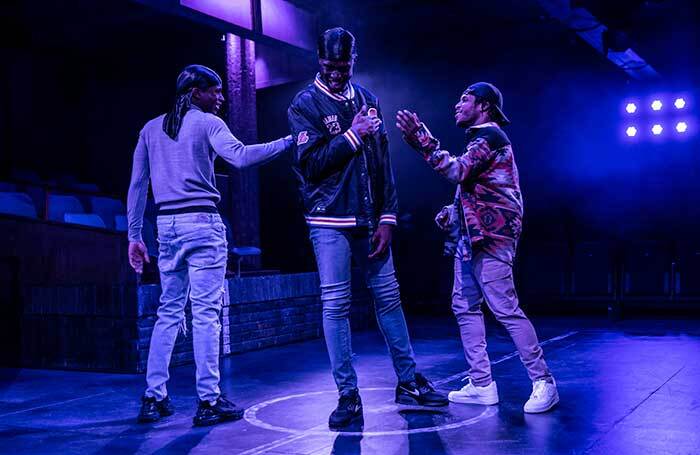 Kedar Williams Stirling, Emeka Sesay and Francis Lovehall in Red Pitch at Bush Theatre. Photo by Craig Fuller