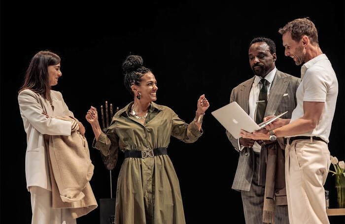 Dinita Gohil, Freema Agyeman, Ariyon Bakare and Martin Hutson in God of Carnage at the Lyric Hammersmith, London. Photo: The Other Richard