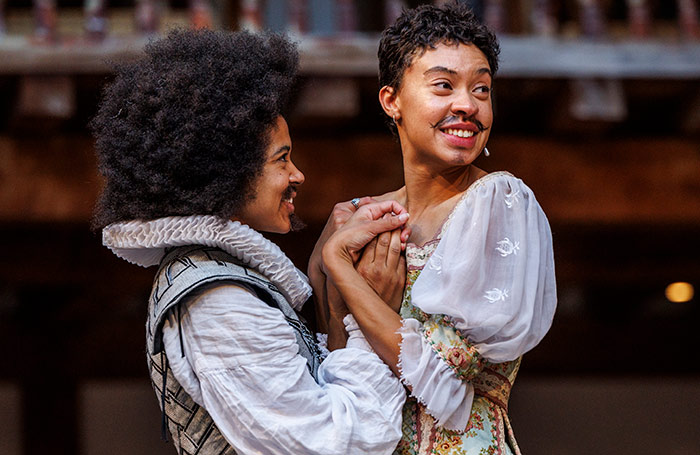 Isabel Adomakoh Young and Nina Bowers in As You Like It at Shakespeare's Globe, London. Photo: Ellie Kurttz