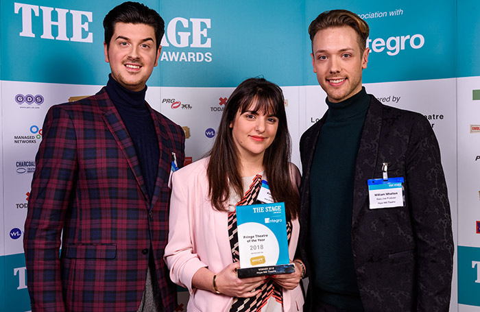 Hope Mill Theatre's Joseph Houston, Katy Lipson and William Whelton with The Stage Award for Fringe Theatre of the Year in 2018. Photo: Alex Brenner