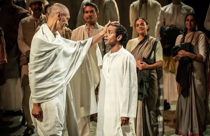 Paul Bazely and Hiran Abeysekera in The Father and the Assassin at National Theatre, London. Photo: Marc Brenner