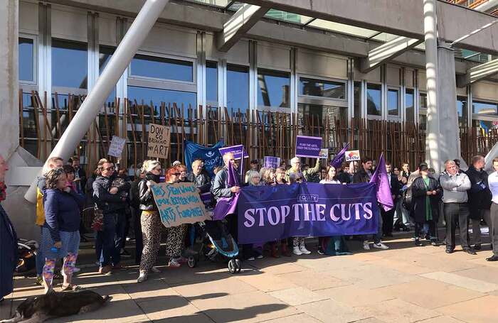 Members of Equity, BECTU and the Scottish Society of Playwrights demonstrating against the 10% cut to Creative Scotland at Holyrood on October 3