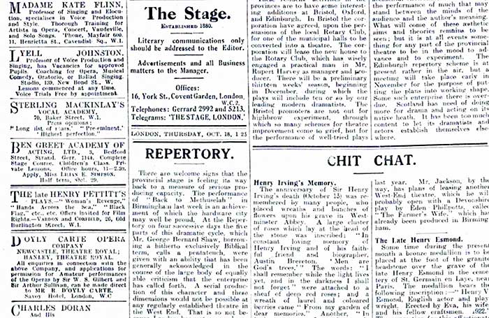 Clipping from the October 18, 1923 edition of The Stage