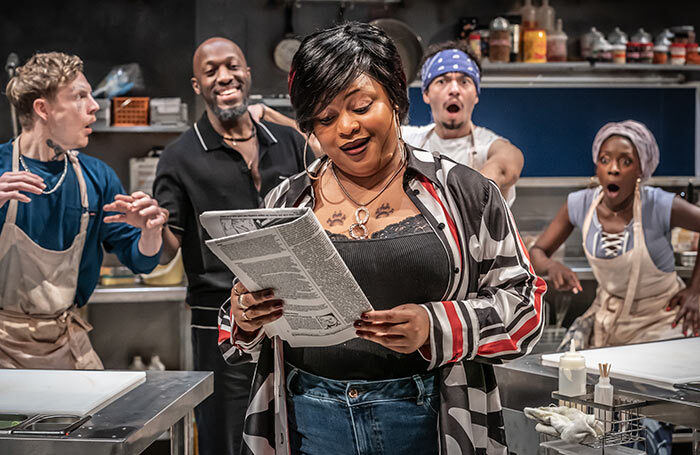 Patrick Gibson, Giles Terera, Gbemisola Ikumelo, Sebastian Orozco and Ronkẹ Adékọluẹ́jọ́ in Clyde's at the Donmar Warehouse. Photo: Marc Brenner