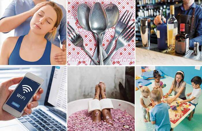 Backstage suggestions from our panellists include (clockwise from top left): an on-site physiotherapist, cutlery, a bar with company discount, a crèche, baths and Wi-Fi that works. Photos: Shutterstock