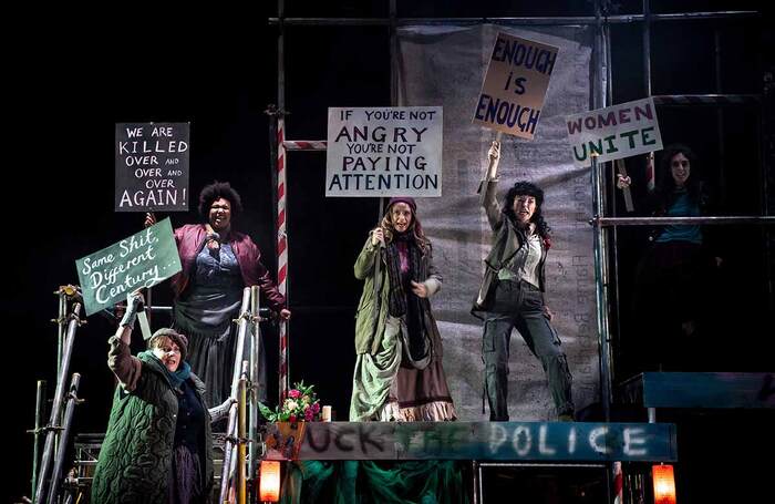 Rebecca Wheatley, Anne Odeke, Gemma Salter, Jessica Johnson and Hanna Khogali in Killing Jack at Queen's Theatre Hornchurch. Photo: Mark Sepple