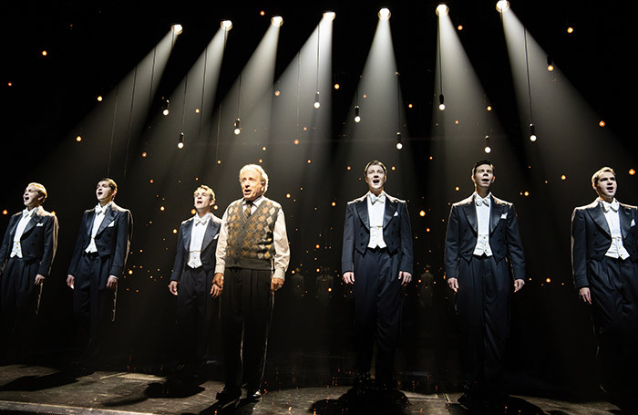 Steven Telsey, Blake Roman, Danny Kornfeld, Chip Zien, Eric Peters, Sean Bell and Zal Owen in Harmony at the Ethel Barrymore Theatre, New York. Photo: Julieta Cervantes