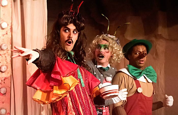 John Savournin with Matthew RJ Ward and Joshua da Costa in Pinocchio at the King's Head Theatre, London (2016). Photo: Bill Knight