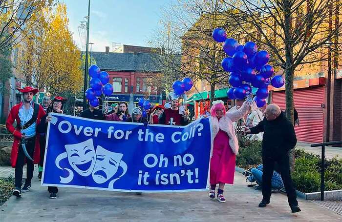 The flash mob event outside the closed Oldham Coliseum, led by actor Julie Hesmondhalgh, was held on November 11