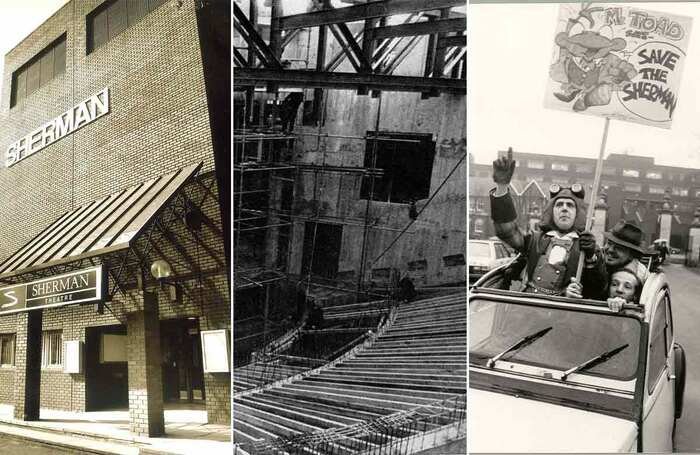 The Sherman Theatre in the 1980s, the auditorium being built in the 1970s and a Save the Sherman rally in 1987