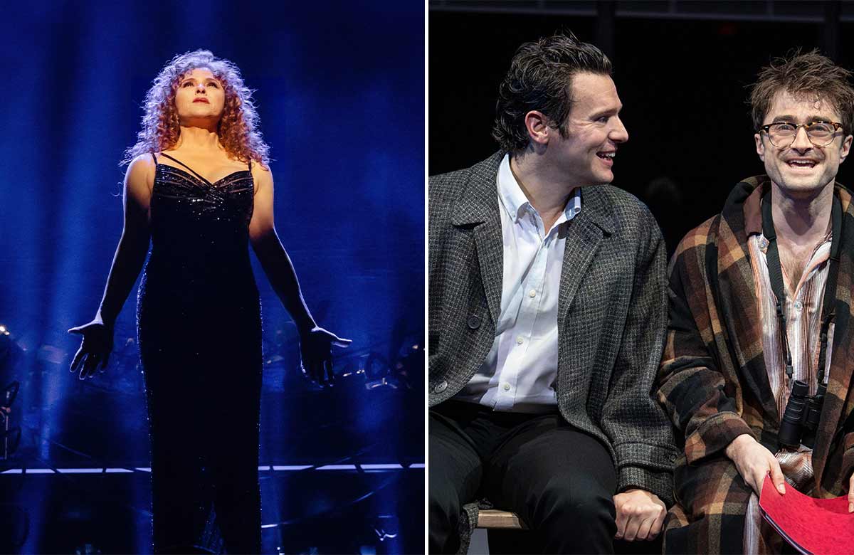 Bernadette Peters in Old Friends at Gielgud Theatre, London and Jonathan Groff and Daniel Radcliffe in Merrily We Roll Along at New York Theatre Workshop. Photos: Danny Kaan/Joan Marcus