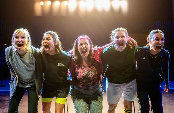 Kim Allan, Hiftu Quasem, Louise Ludgate, Hannah Jarrett-Scott and Chloe-Ann Tylor in Same Team at Traverse Theatre, Edinburgh. Photo: Tommy Ga-Ken Wan